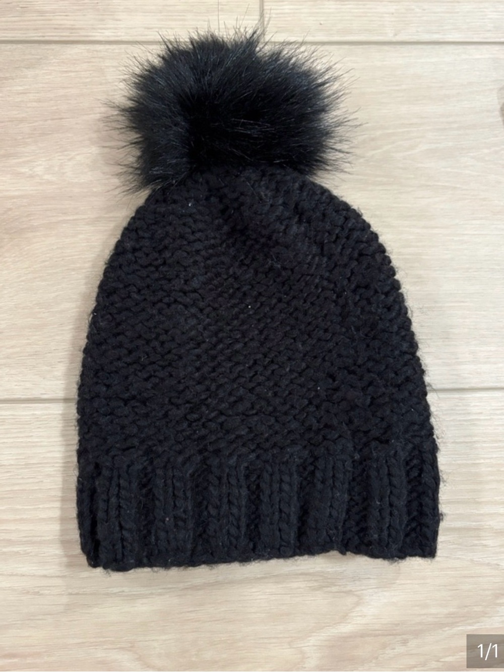 Express Black Knit Beanie with Faux Fur Pom